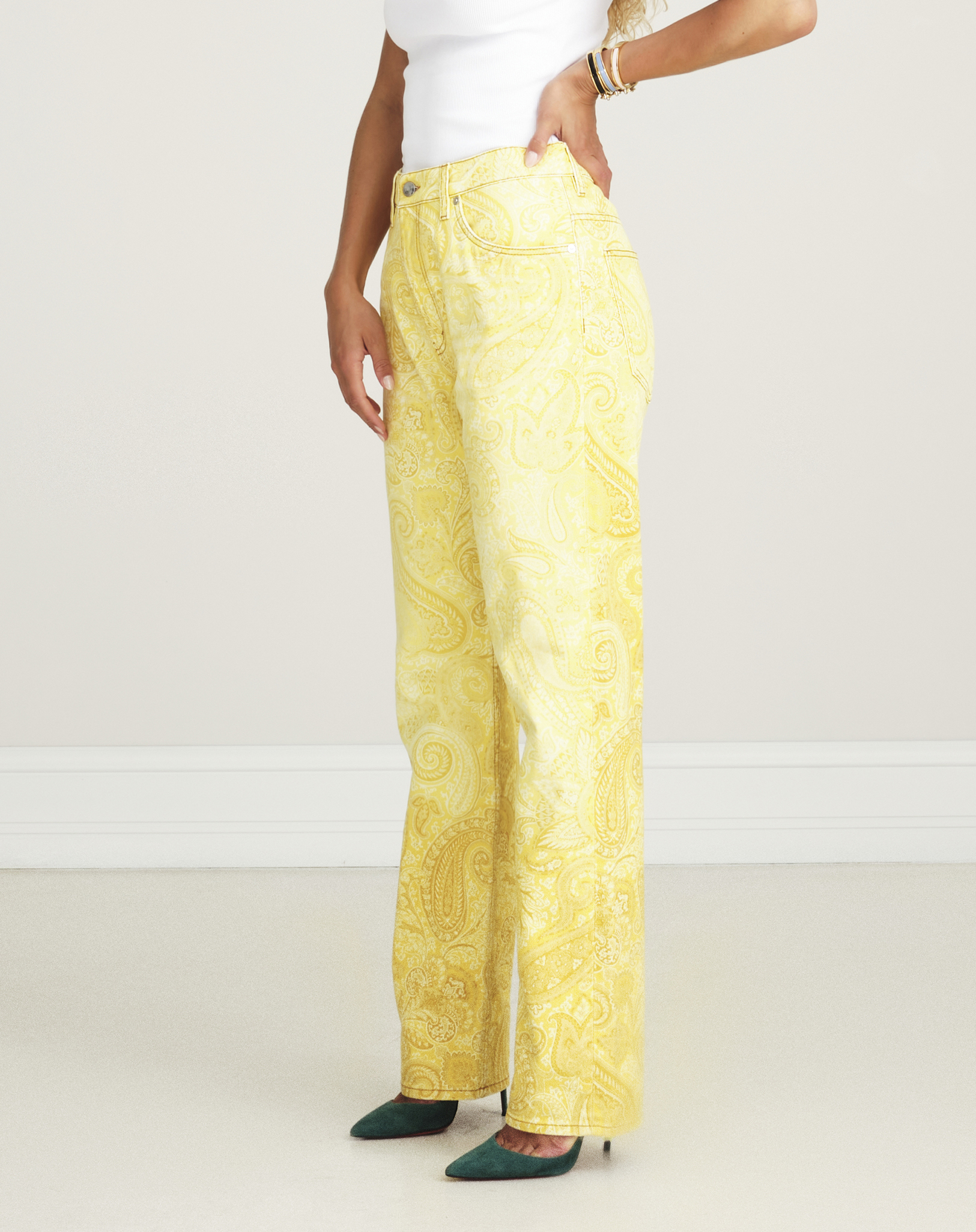 Etro - Yellow Paisley Printed High Rise Straight Jeans 30